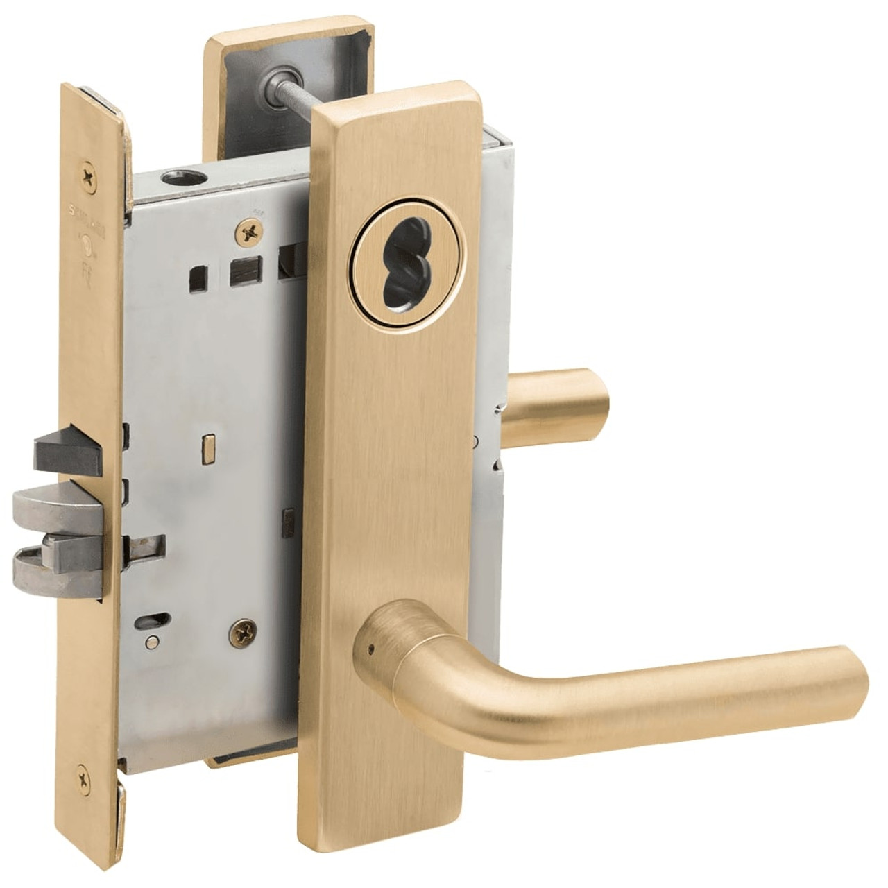 L9076B-02L-606-RX Schlage L Series Classroom Holdback - Request to Exit Mortise Lock with 02 Cast Lever Design Prepped for SFIC in Satin Brass