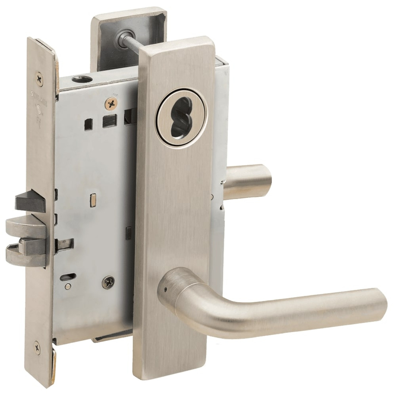 L9076B-02L-619-RX Schlage L Series Classroom Holdback - Request to Exit Mortise Lock with 02 Cast Lever Design Prepped for SFIC in Satin Nickel