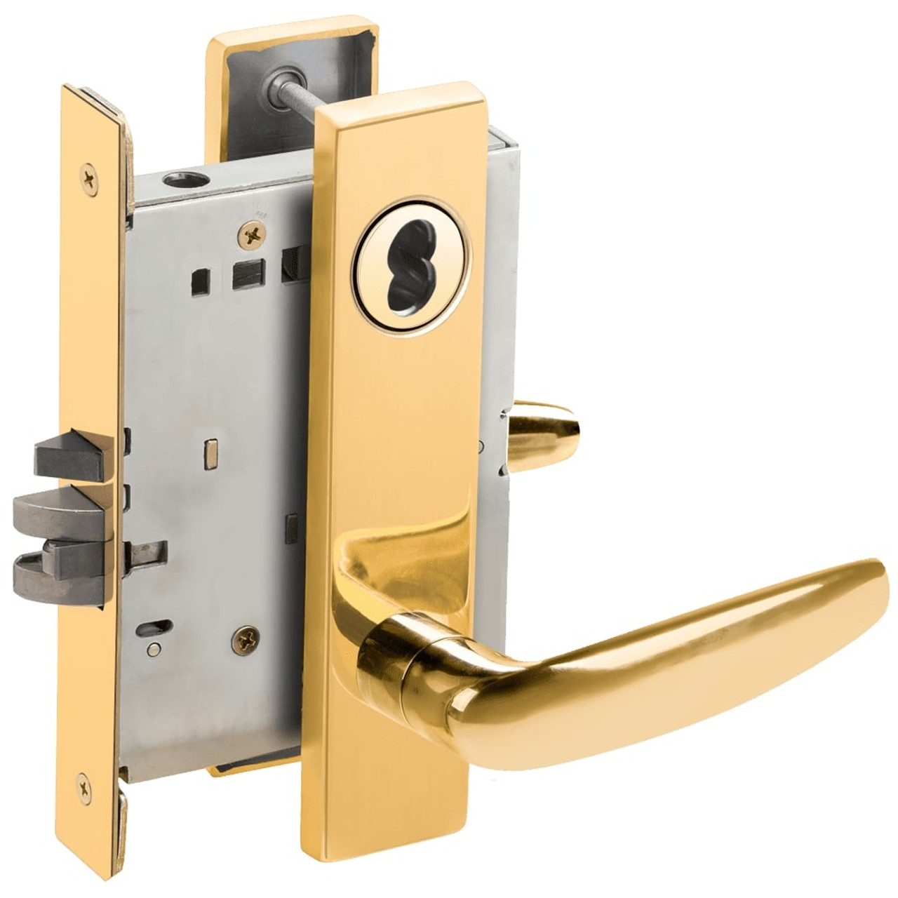 L9076B-07L-605-RX Schlage L Series Classroom Holdback - Request to Exit Mortise Lock with 07 Cast Lever Design Prepped for SFIC in Bright Brass