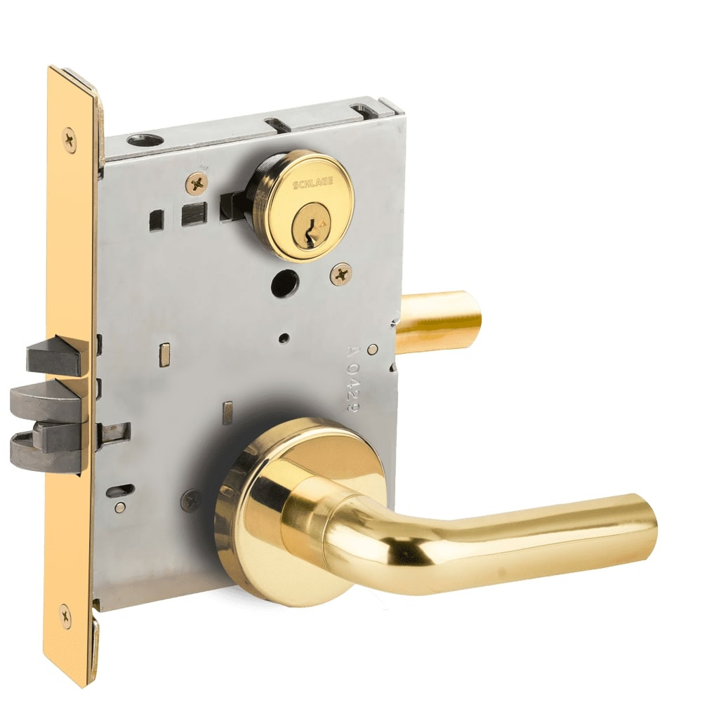 LV9070P-02B-605-RX Schlage L Series Vandlgard - Classroom Commercial - Request to Exit Mortise Lock with 02 Cast Lever Design in Bright Brass