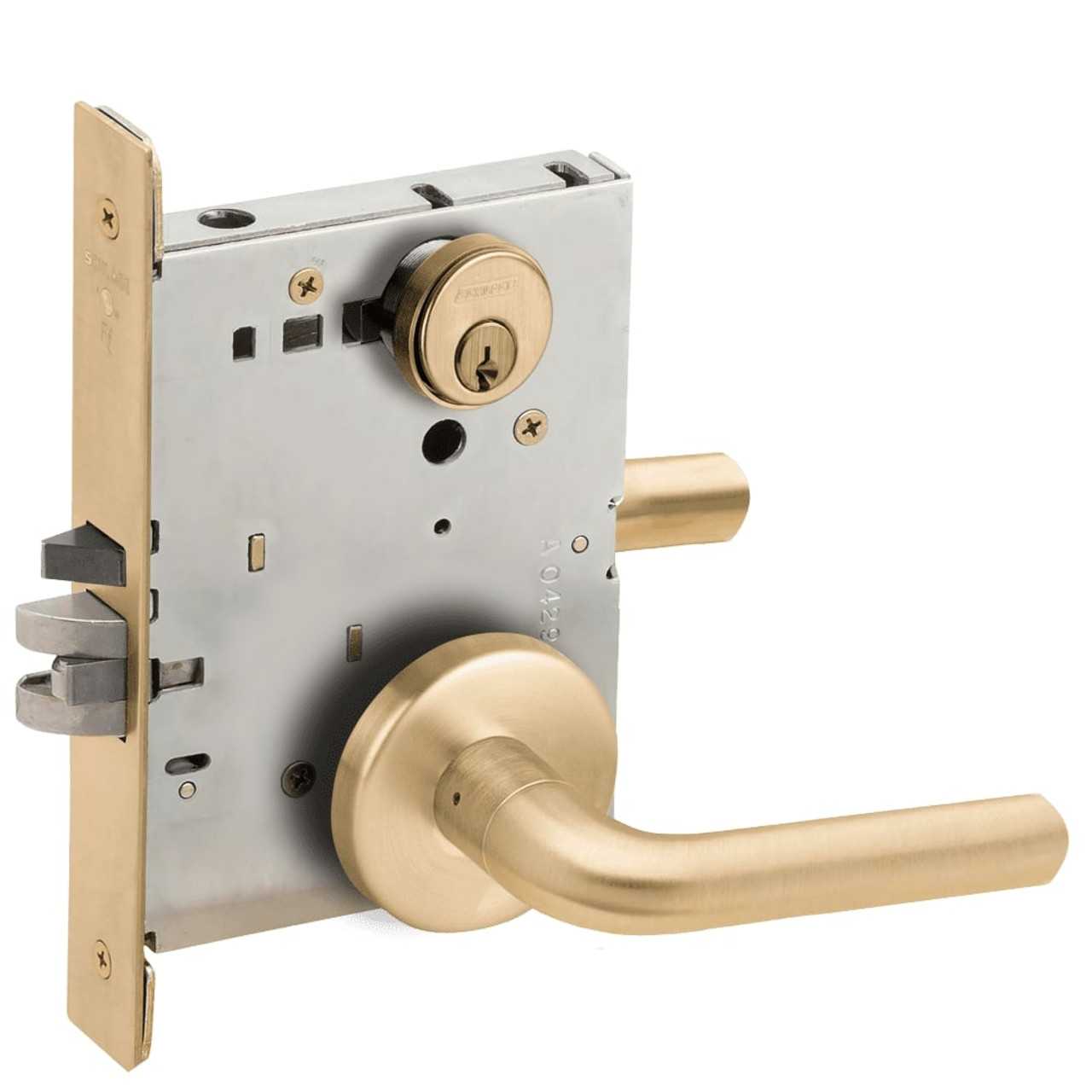 LV9070P-02B-606-RX Schlage L Series Vandlgard - Classroom Commercial - Request to Exit Mortise Lock with 02 Cast Lever Design in Satin Brass