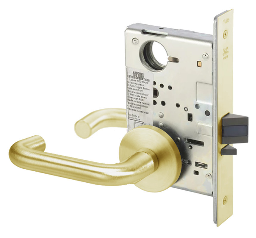 CRR8805FL-606-LC-MELR-REX Yale 8800FL Series Less Cylinder Mortise Storeroom/Closet Locks - Request to Exit Switch with Carmel Lever in Satin Brass