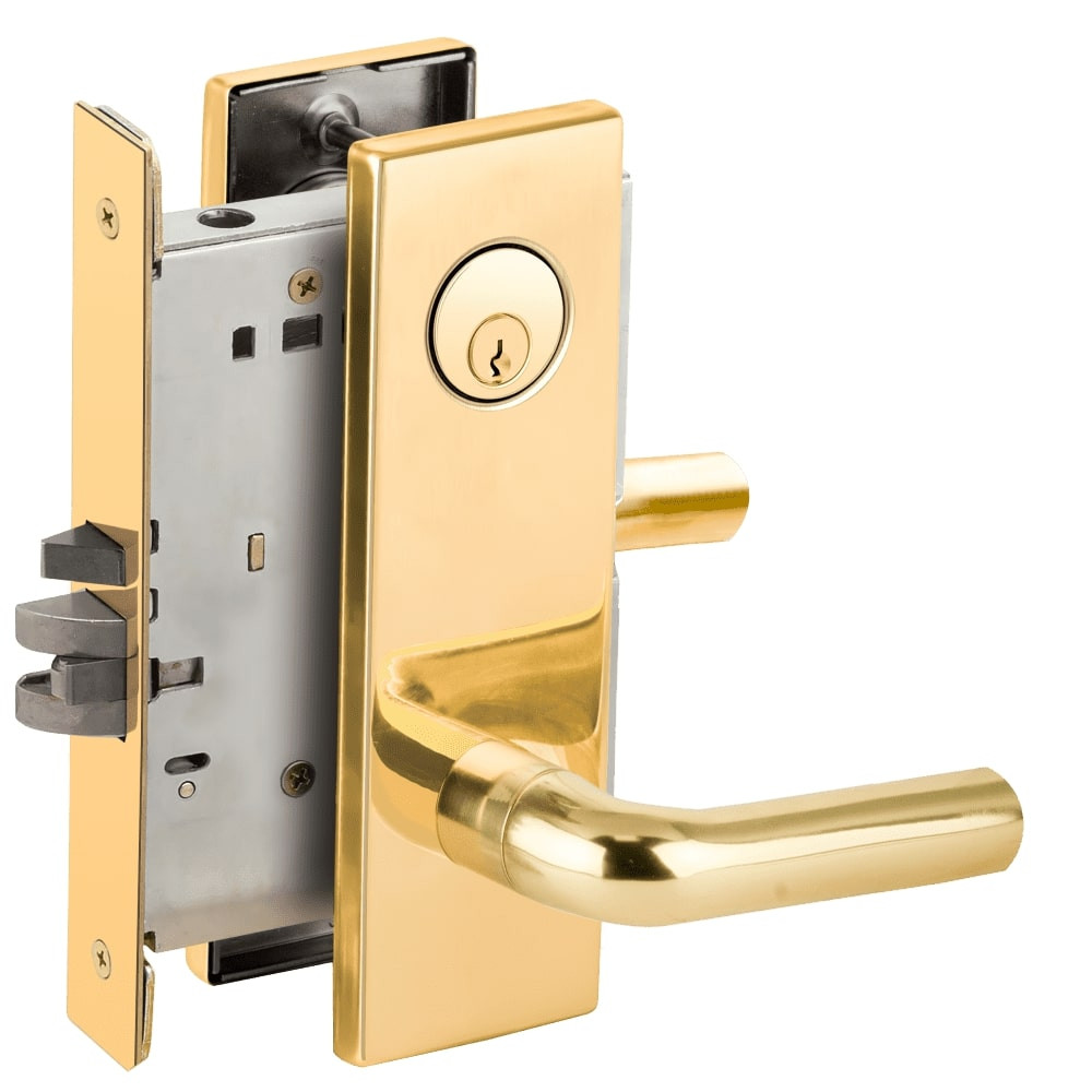 LV9070P-02N-605-RX Schlage L Series Vandlgard - Classroom Commercial - Request to Exit Mortise Lock with 02 Cast Lever Design in Bright Brass