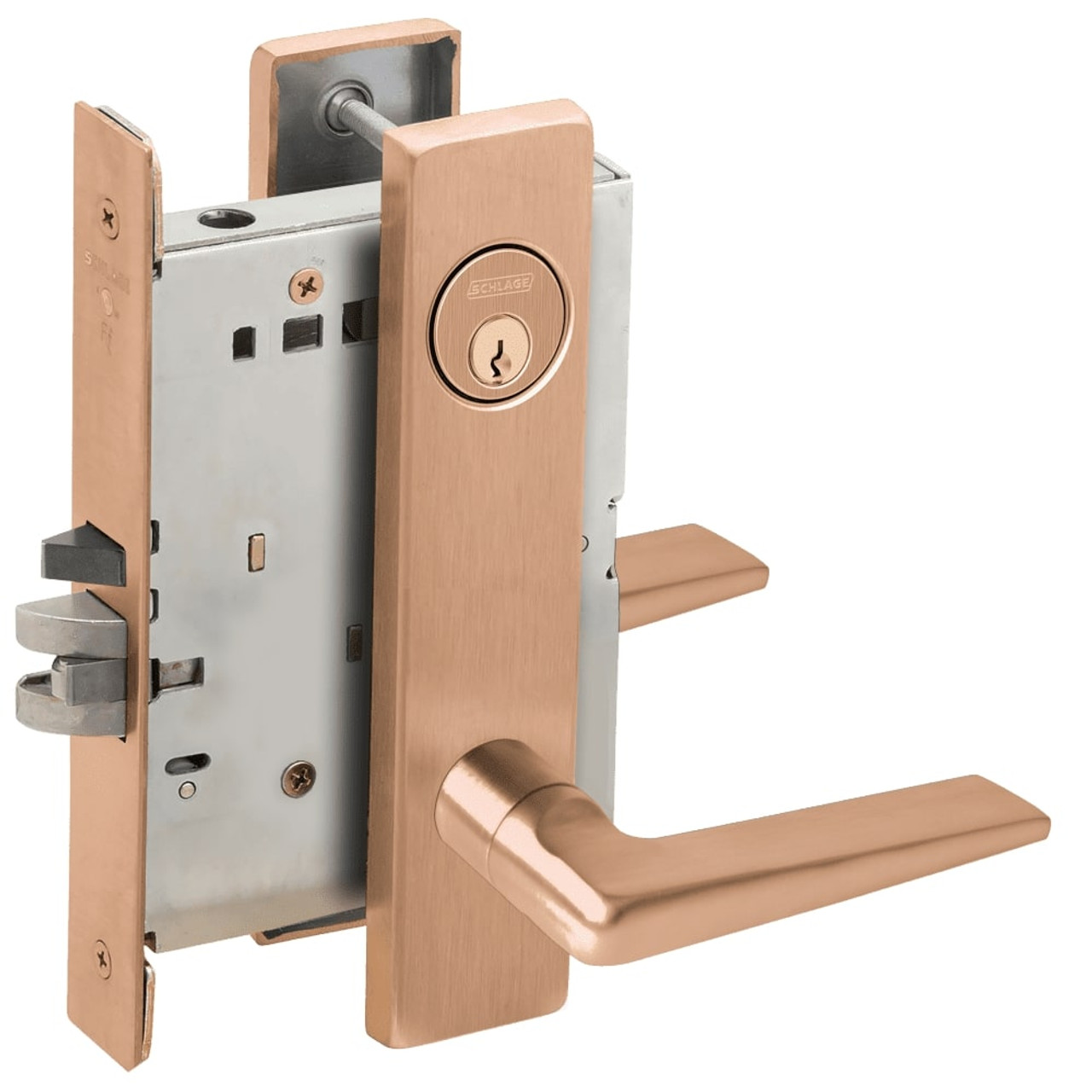 LV9070P-05L-612-RX Schlage L Series Vandlgard - Classroom Commercial - Request to Exit Mortise Lock with 05 Cast Lever Design in Satin Bronze
