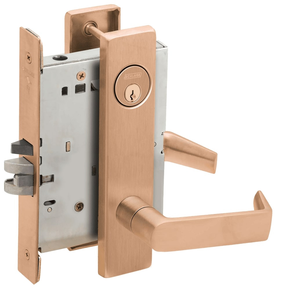LV9070P-06L-612-RX Schlage L Series Vandlgard - Classroom Commercial - Request to Exit Mortise Lock with 06 Cast Lever Design in Satin Bronze