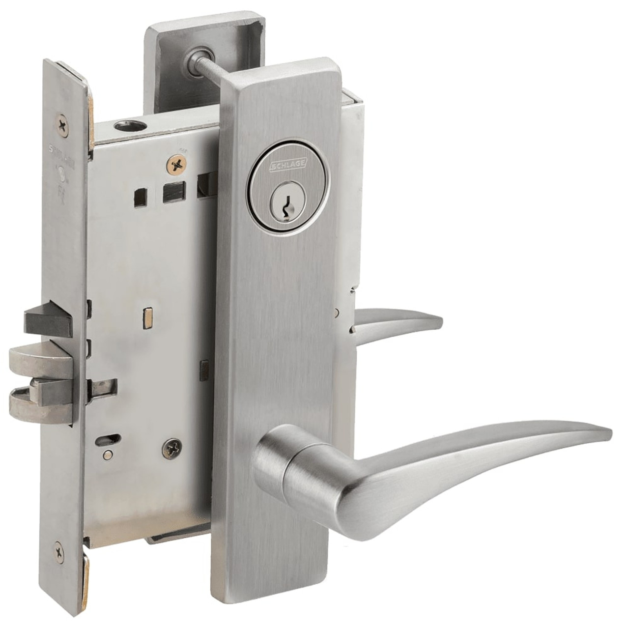 LV9070P-12L-630-LH-RX Schlage L Series Vandlgard - Classroom Commercial - Request to Exit Mortise Lock with 12 Cast Lever Design in Satin Stainless Steel