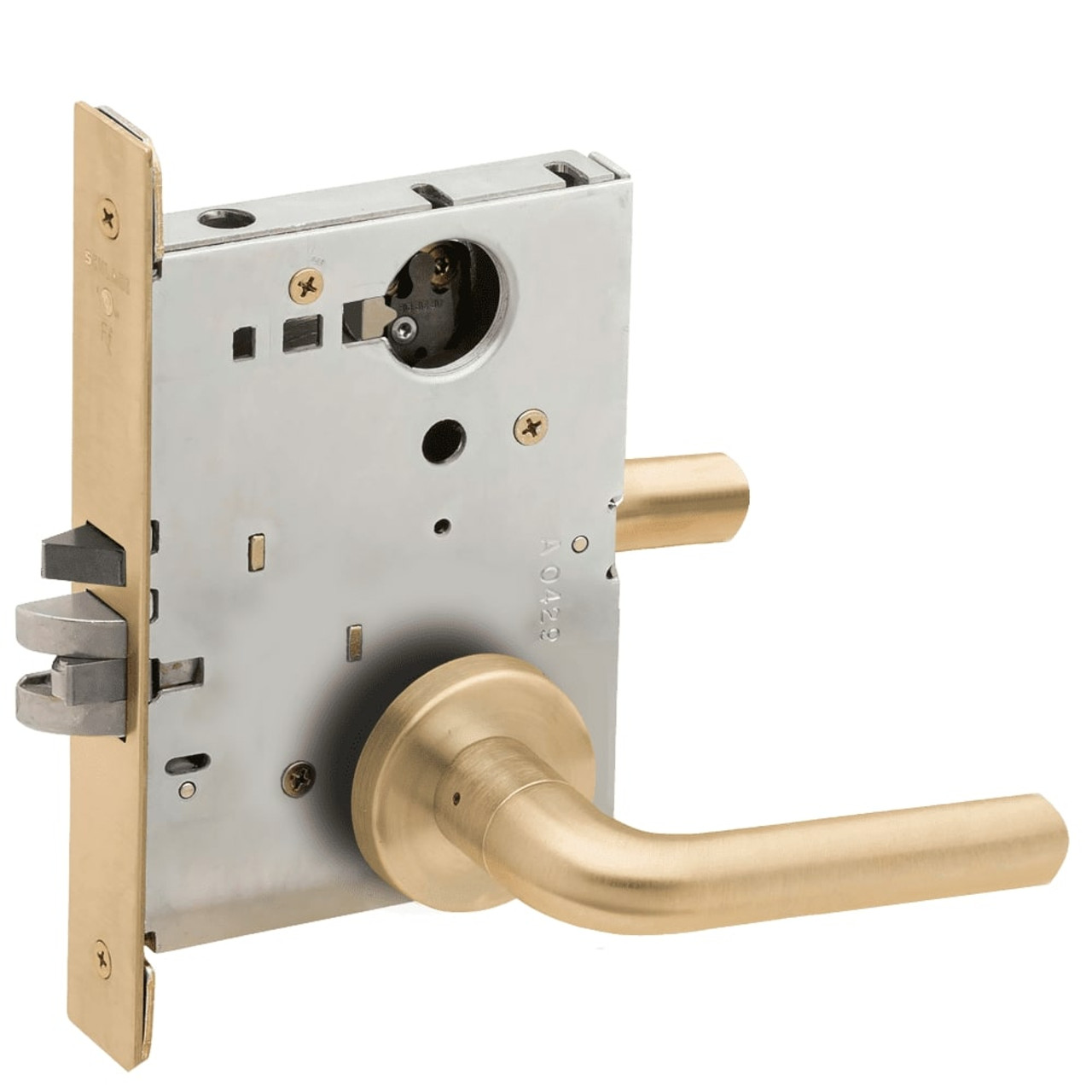 LV9070L-02A-606 Schlage L Series Vandlgard - Less Cylinder Classroom Commercial Mortise Lock with 02 Cast Lever Design in Satin Brass