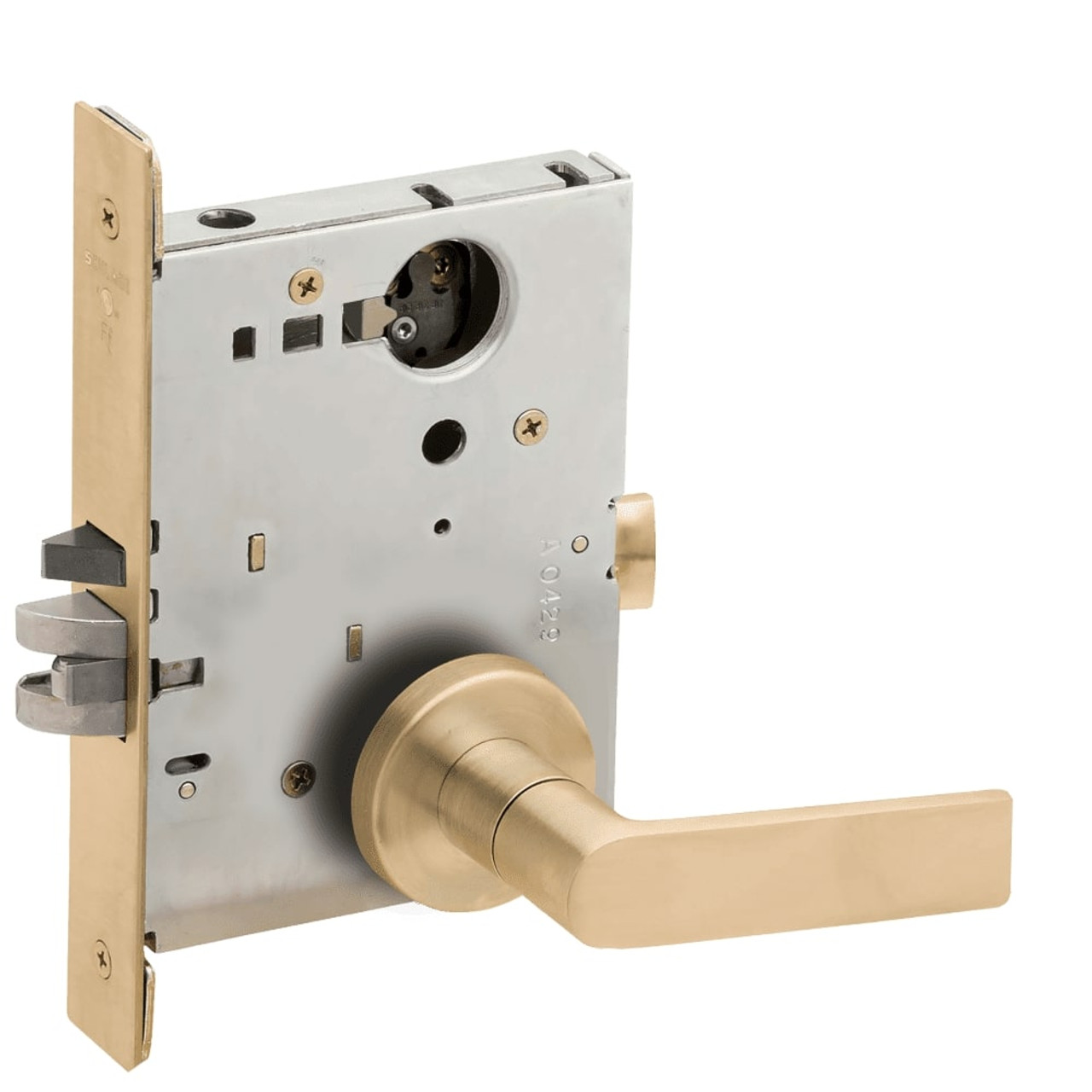 LV9070L-01A-606-RX Schlage L Series Vandlgard - Less Cylinder Classroom Commercial - Request to Exit Mortise Lock with 01 Cast Lever Design in Satin Brass