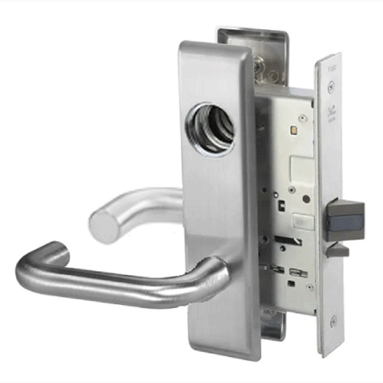 CRCN8830-2FL-626-LC-MELR Yale 8800FL Series Less Cylinder Mortise Asylum Locks with Carmel Lever in Satin Chrome