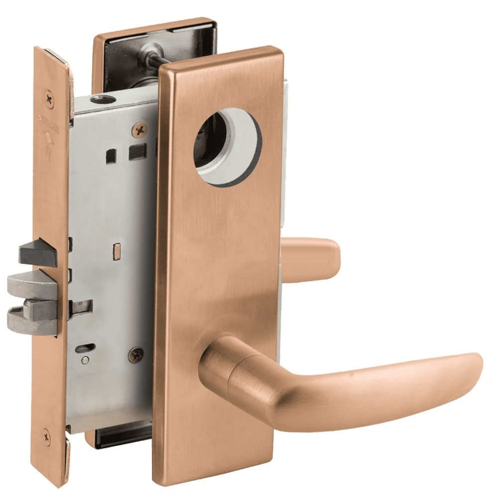LV9070L-07N-612-RX Schlage L Series Vandlgard - Less Cylinder Classroom Commercial - Request to Exit Mortise Lock with 07 Cast Lever Design in Satin Bronze