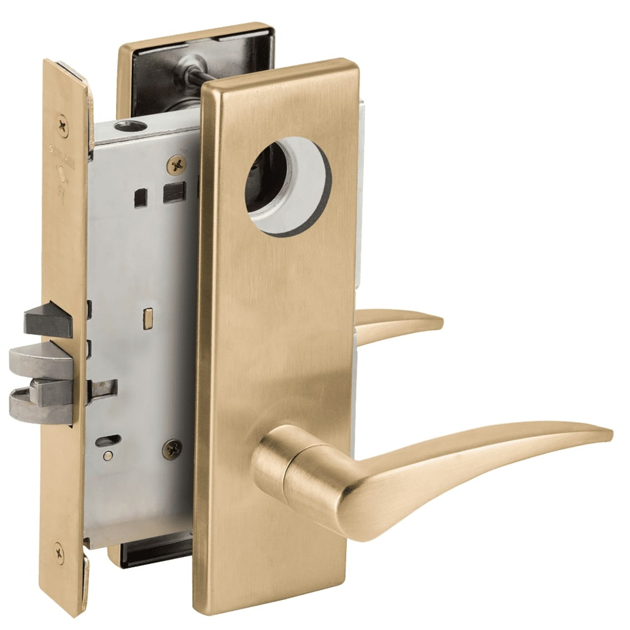 LV9070L-12N-606-LH-RX Schlage L Series Vandlgard - Less Cylinder Classroom Commercial - Request to Exit Mortise Lock with 12 Cast Lever Design in Satin Brass
