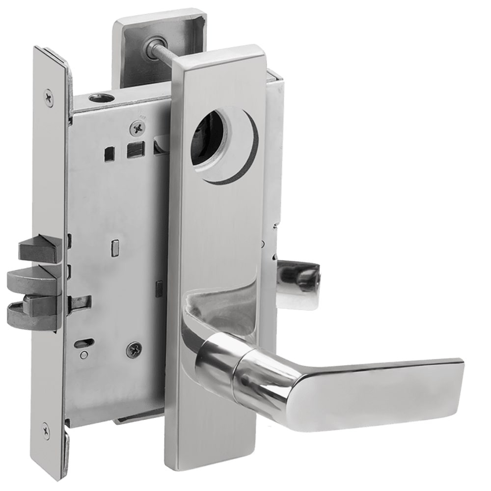 LV9070L-01L-629-RX Schlage L Series Vandlgard - Less Cylinder Classroom Commercial - Request to Exit Mortise Lock with 01 Cast Lever Design in Bright Stainless Steel