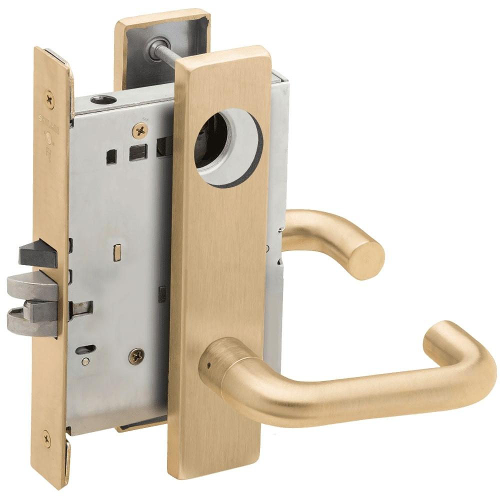 LV9070L-03L-606-RX Schlage L Series Vandlgard - Less Cylinder Classroom Commercial - Request to Exit Mortise Lock with 03 Cast Lever Design in Satin Brass