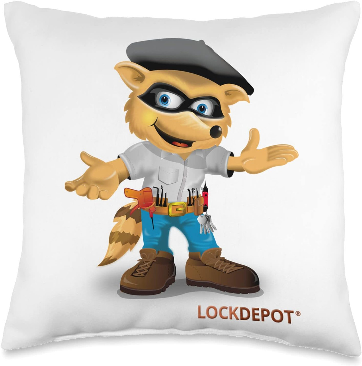 lock depot throw pillow with raccoon logo