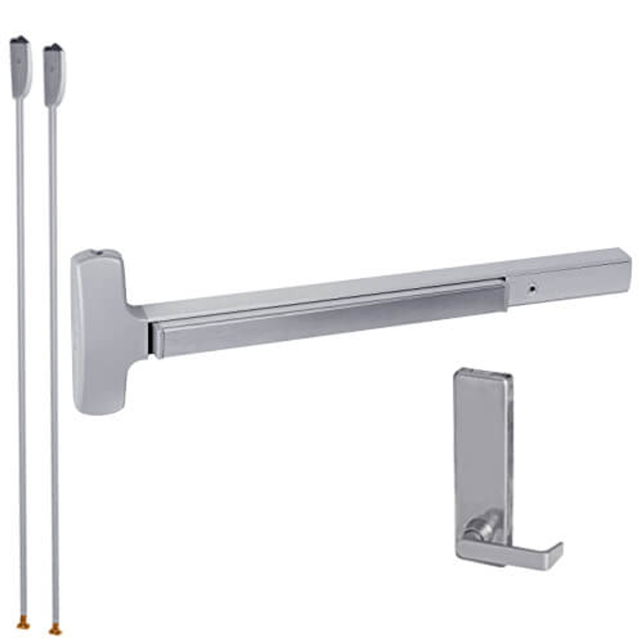 RXMEL25-V-L-BE-DANE-US26D-3-RHR Falcon 25 Series Request to Exit Surface Vertical Rod Devices 510L Dane Lever Trim with Blank Escutcheon in Satin Chrome