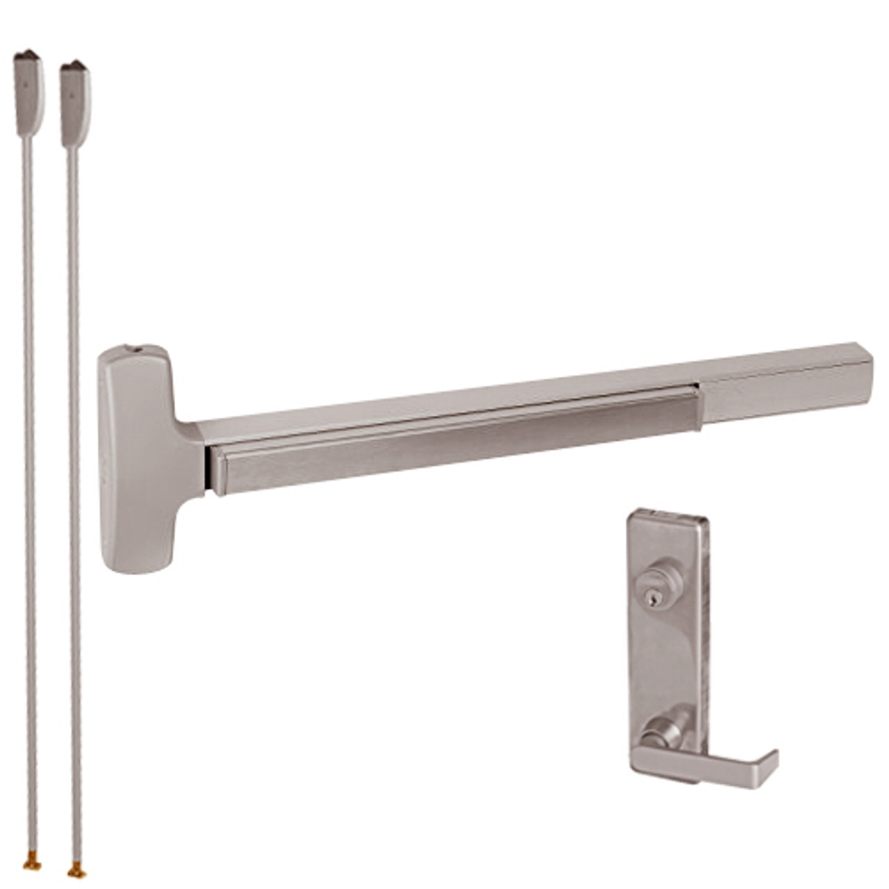 RXMELF-25-V-L-DANE-US28-3-LHR Falcon 25 Series Request to Exit Fire Rated Surface Vertical Rod Devices with 510L Dane Lever Trim in Anodized Aluminum