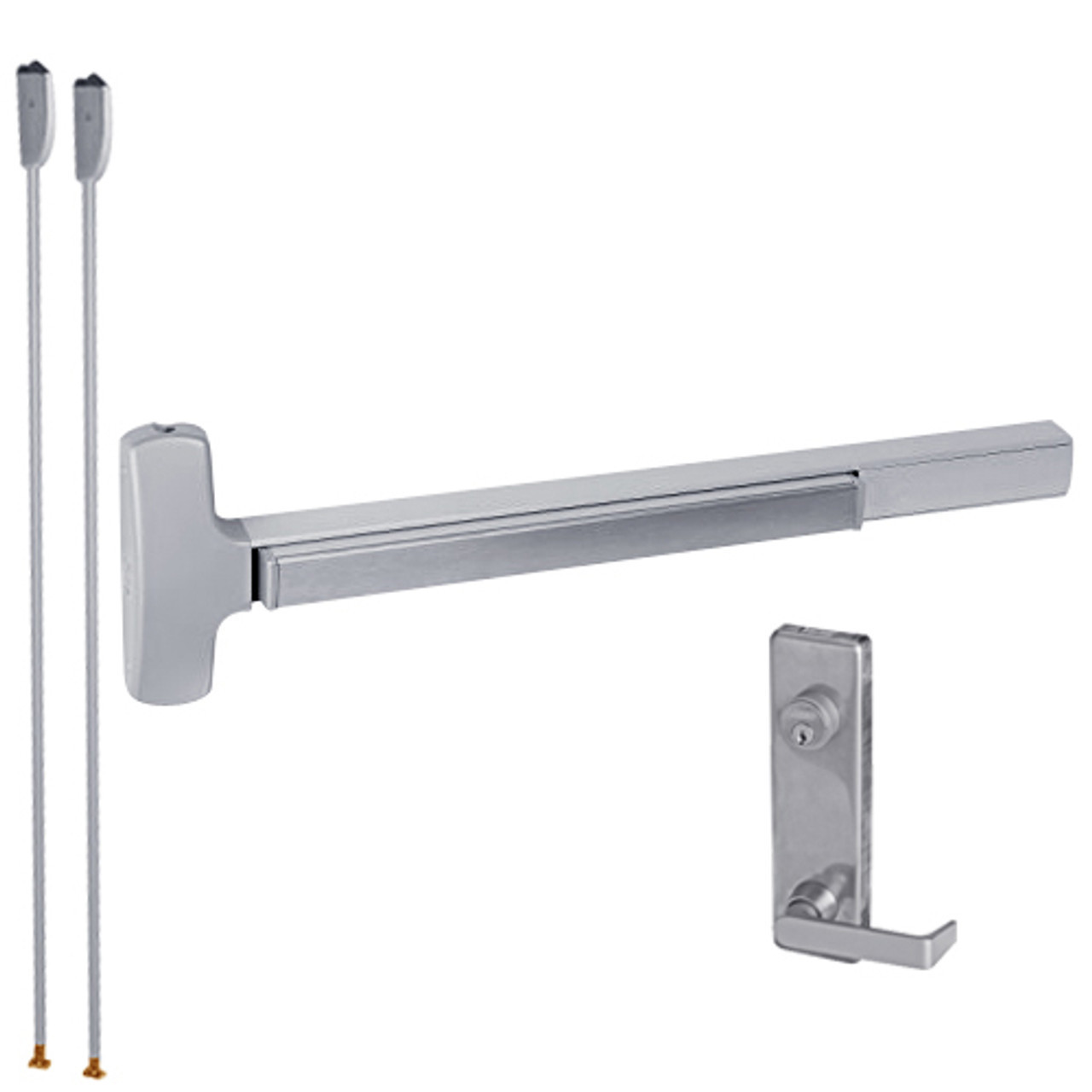 RXMELF-25-V-L-DANE-US26D-3-LHR Falcon 25 Series Request to Exit Fire Rated Surface Vertical Rod Devices with 510L Dane Lever Trim in Satin Chrome