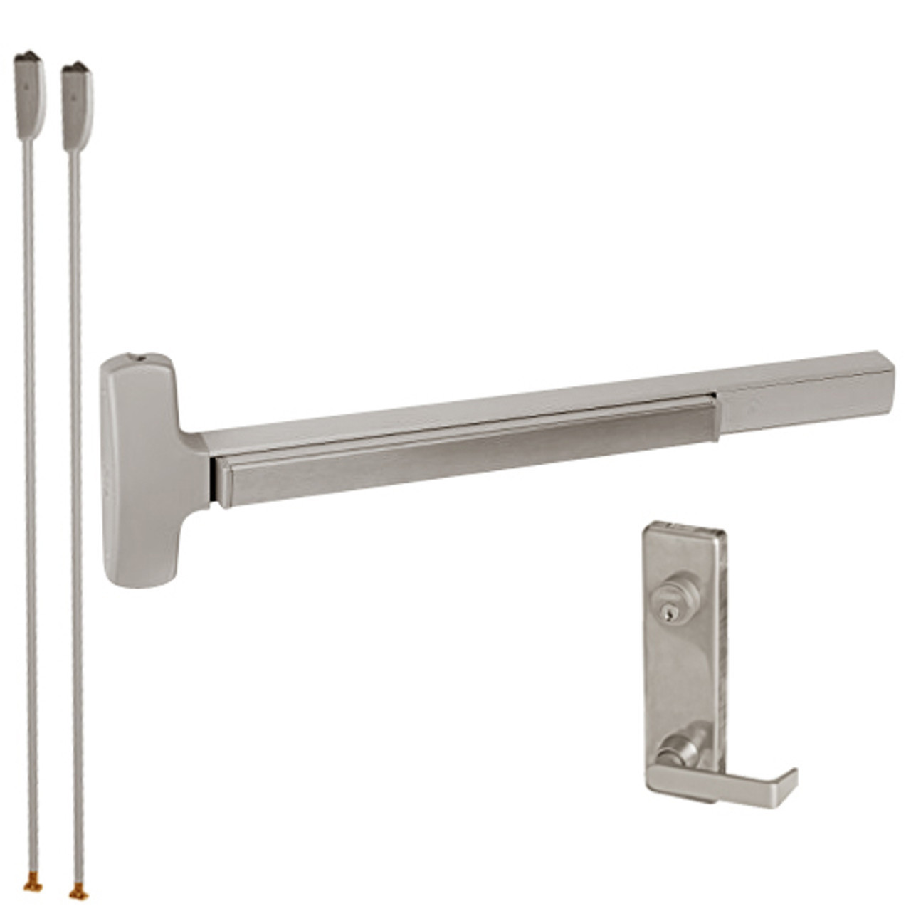 RXMELF-25-V-L-DANE-US32D-3-RHR Falcon 25 Series Request to Exit Fire Rated Surface Vertical Rod Devices with 510L Dane Lever Trim in Satin Stainless Steel