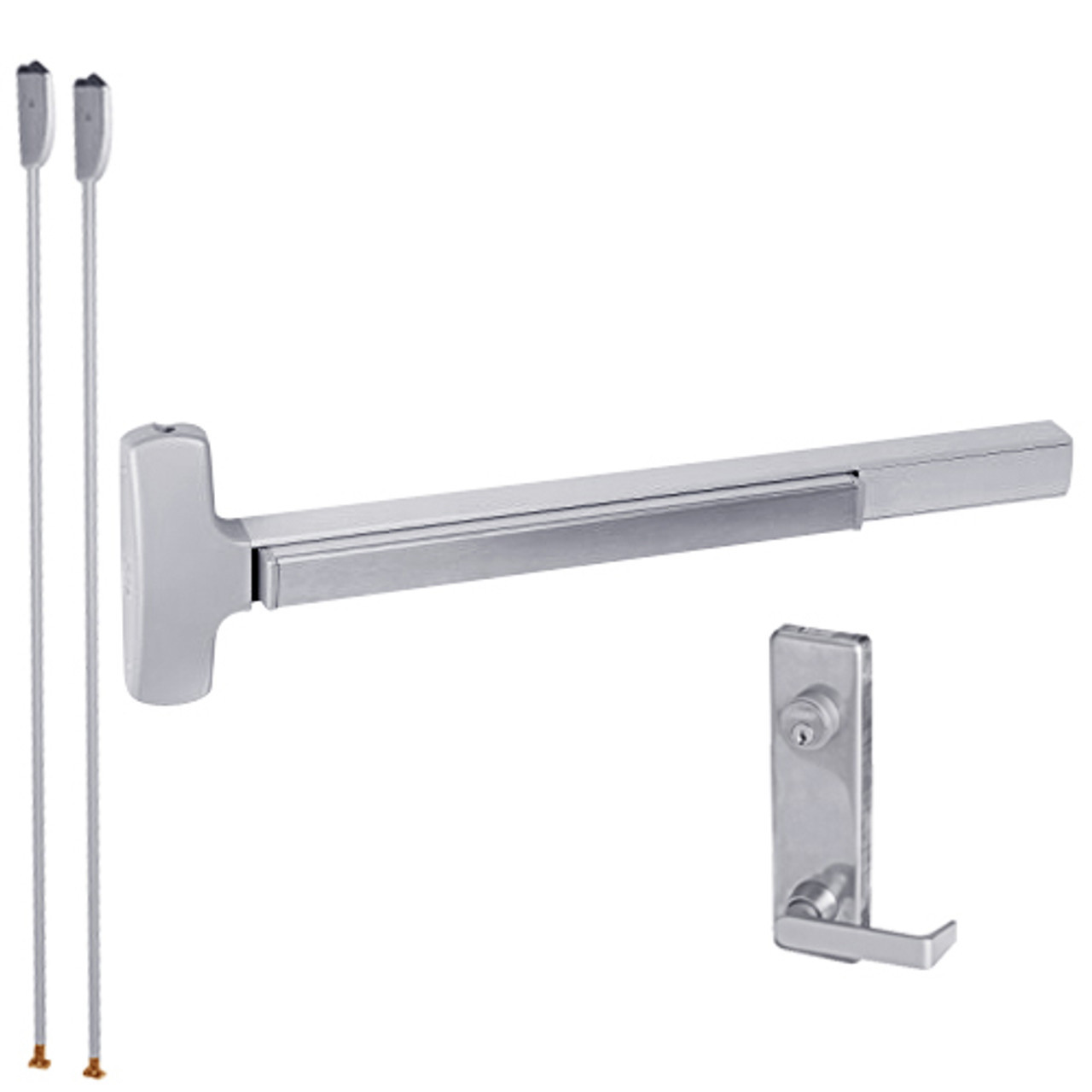 RXMELF-25-V-L-NL-DANE-US26-3-RHR Falcon 25 Series Request to Exit Fire Rated Surface Vertical Rod Devices 510L Dane Lever with Night Latch Trim in Polished Chrome