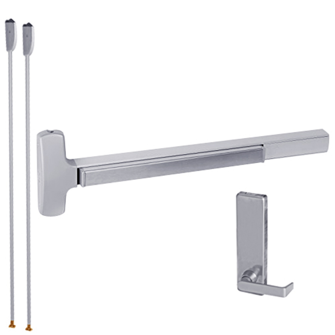 RXMELF-25-V-L-BE-DANE-US32-4-RHR Falcon 25 Series Request to Exit Fire Rated Surface Vertical Rod Devices 510L Dane Lever Trim with Blank Escutcheon in Polished Stainless Steel