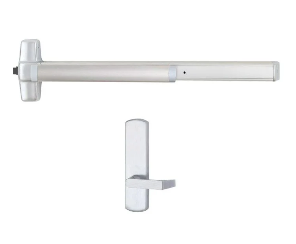 QEL98L-BE-07 4 US28 LHR Von Duprin Quiet Electric Latch (QEL) 98 Series Lever SFIC Prep Rim Exit Device Satin Aluminum