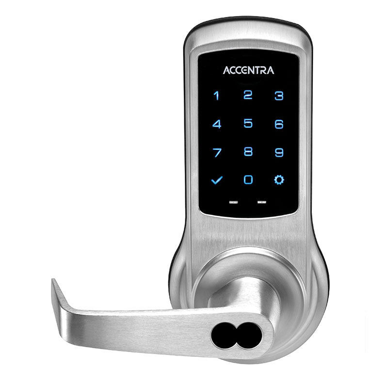 Accentra (formerly Yale) nexTouch Generation 3 Cylindrical Lock with Capacitive Touchscreen Keypad and Augusta Lever in Satin Chrome 626 - SFIC Prep Less Core configuration with visible SFIC cavity