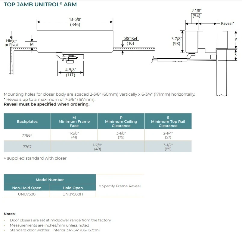Top jamb mounting dimensions and Unitrol arm specifications