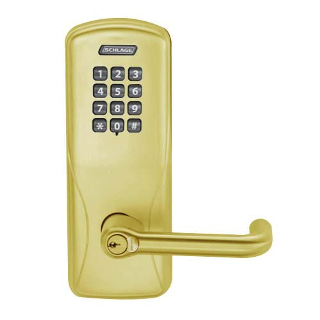CO100-MS-70-KP-TLR-GD-29R-605 Schlage Standalone Mortise Electronic Keypad locks in Bright Brass