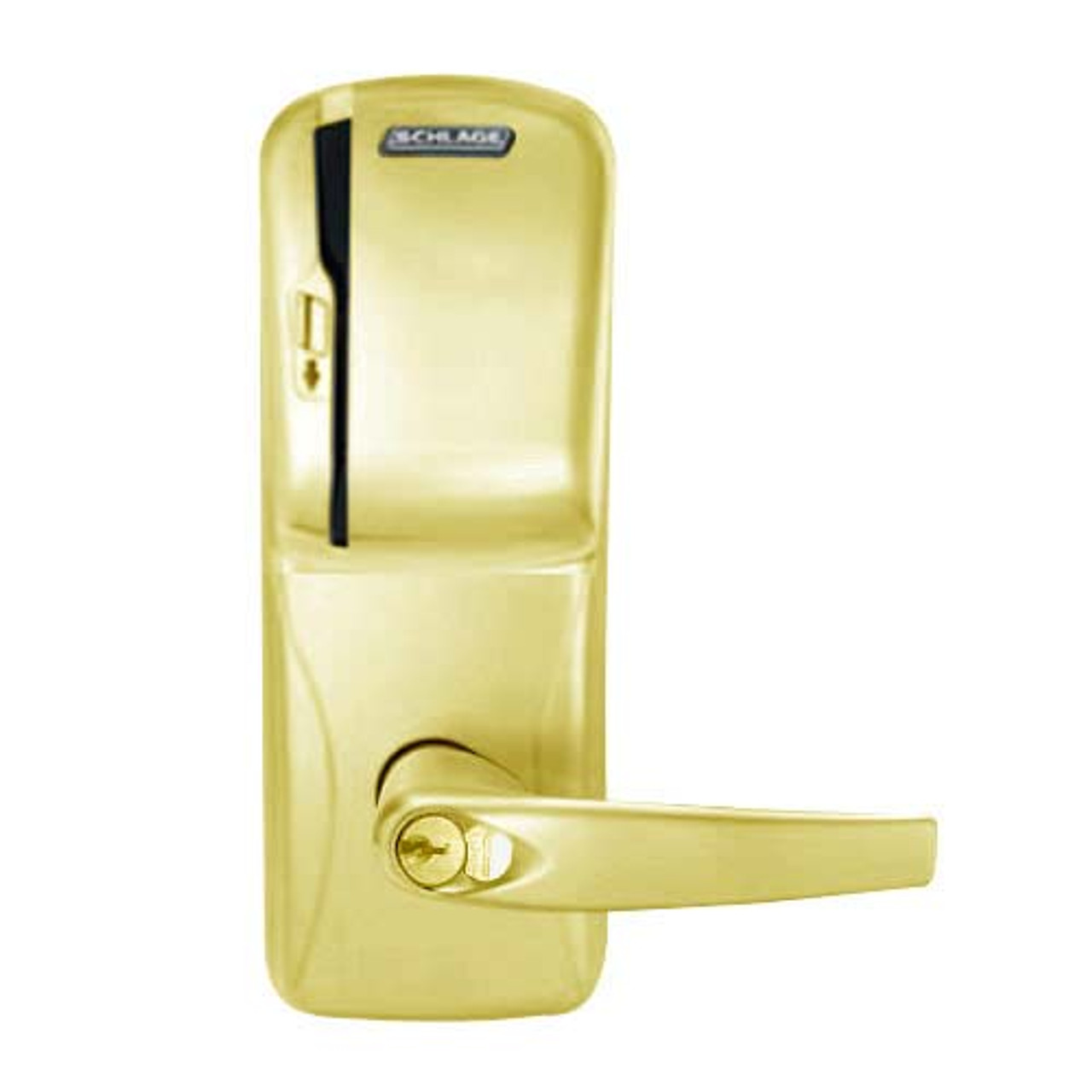 CO200-CY-70-MS-ATH-RD-605 Schlage Standalone Cylindrical Electronic Magnetic Stripe Reader Locks in Bright Brass
