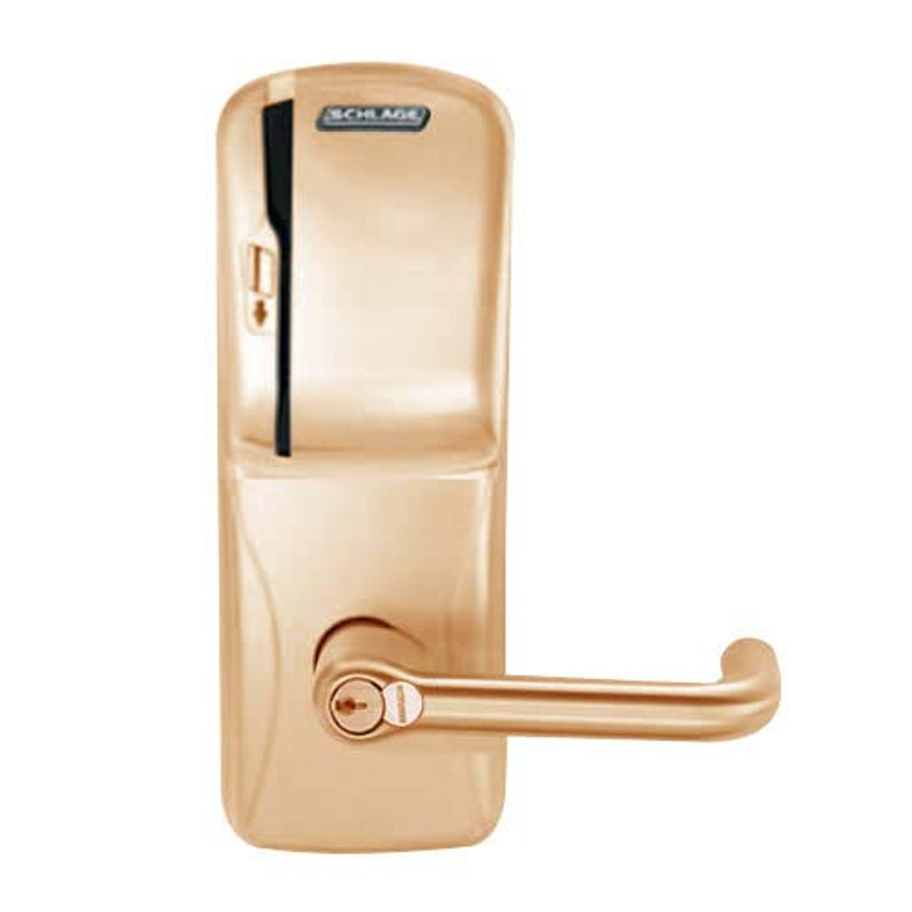 CO200-CY-70-MS-TLR-RD-612 Schlage Standalone Cylindrical Electronic Magnetic Stripe Reader Locks in Satin Bronze