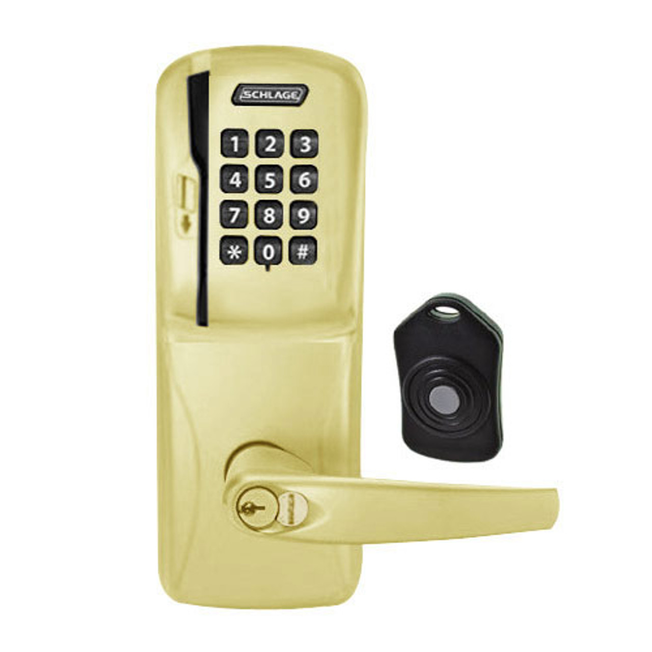 CO220-CY-75-MSK-ATH-RD-605 Schlage Standalone Classroom Lockdown Solution Cylindrical Swipe with Keypad locks in Bright Brass
