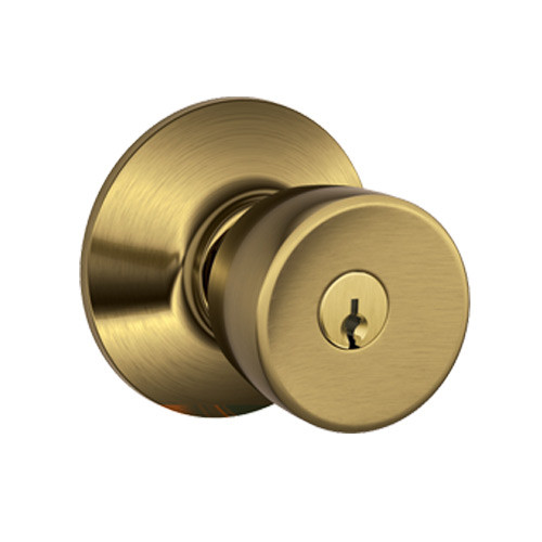 F51A-BEL-609 Schlage F Series - Knob Bell Style with Keyed Entrance Lock Function in Antique Brass