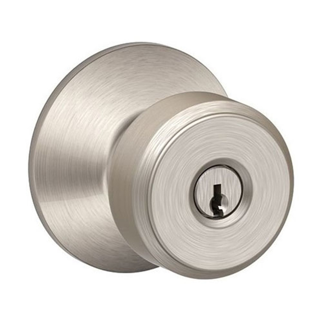 F80-BWE-619 Schlage F Series - Knob Bowery Style with Storeroom Lock Function in Satin Nickel