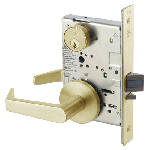 AUR8864FL-606 Yale 8800FL Series Single Cylinder Mortise Bathroom Lock with Indicator with Augusta Lever in Satin Brass