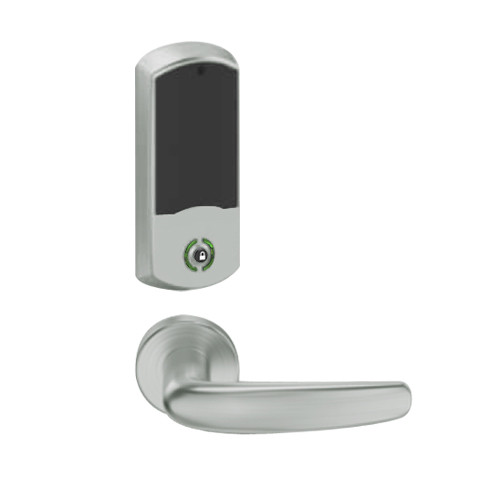 LEMB-GRW-L-07-619-00A Schlage Less Cylinder Privacy/Office Wireless Greenwich Mortise Lock with Push Button & LED Indicator and Athens Lever in Satin Nickel