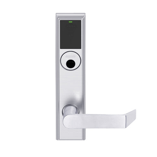 LEMS-ADD-L-06-626AM Schlage Less Mortise Cylinder Storeroom Wireless Addison Mortise Lock with LED and Rhodes Lever in Satin Chrome Antimicrobial
