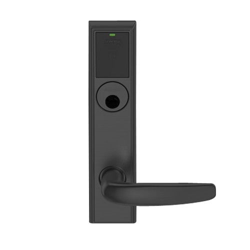 LEMB-ADD-L-07-622 Schlage Less Mortise Cylinder Privacy/Office Wireless Addison Mortise Lock with Push Button, LED and Athens Lever in Matte Black