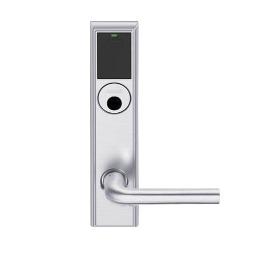 LEMB-ADD-L-02-626AM Schlage Less Mortise Cylinder Privacy/Office Wireless Addison Mortise Lock with Push Button, LED and 02 Lever in Satin Chrome Antimicrobial