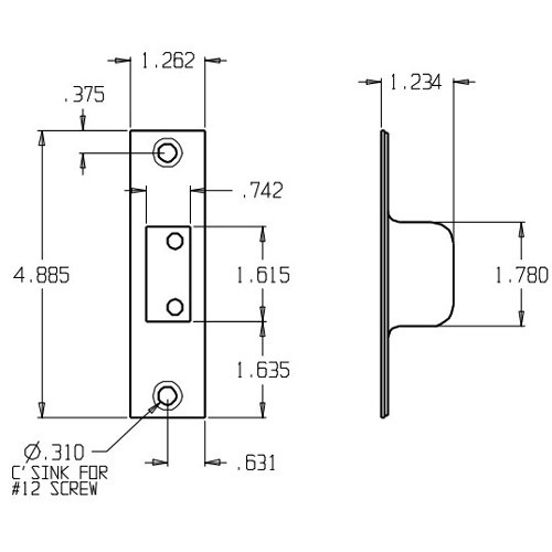 BX-2-SDS-626 Don Jo 4-7/8" Security Strike Plate Dimensional View