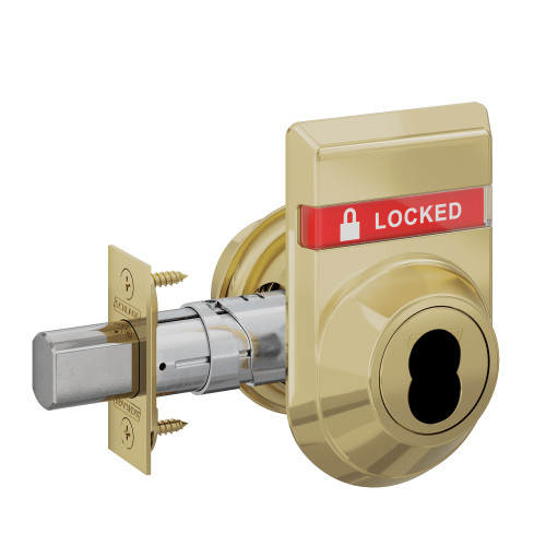 B663B-606-OS-LOC Schlage Grade 3 Classroom Deadbolt, Keyed Outside - Classroom Thumbturn Inside, SFIC Prep, Less Core, Outside Indicator in Satin Brass