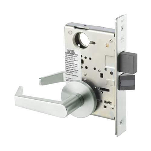 AUR8860FL-618-LC Yale 8800FL Series Less Cylinder with Deadbolt Mortise Entrance or Storeroom Lock with Indicator with Augusta Lever - CO Rose in Bright Nickel