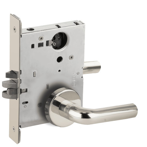 L9050L-02B-629-LX Schlage L Series Less Cylinder Entrance Commercial - Latchbolt Monitor Mortise Lock with 02 Cast Lever - B Rose Design in Bright Stainless Steel