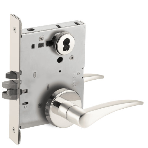 L9050J-12B-629-LH-RX Schlage L Series Entrance Commercial - Request to Exit Mortise Lock with 12 Cast Lever - B Rose Design Prepped for FSIC in Bright Stainless Steel