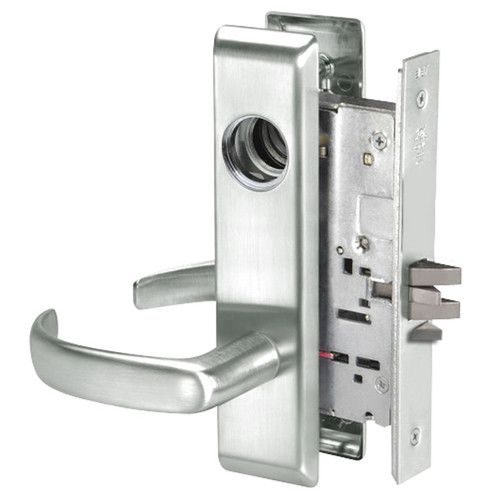 PBCN8823FL-618-LC Yale 8800FL Series Less Cylinder with Deadbolt Mortise Storeroom Lock with Indicator with Pacific Beach Lever in Bright Nickel