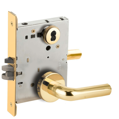 L9050B-02A-605-LX Schlage L Series Entrance Commercial - Latchbolt Monitor Mortise Lock with 02 Cast Lever Design Prepped for SFIC in Bright Brass