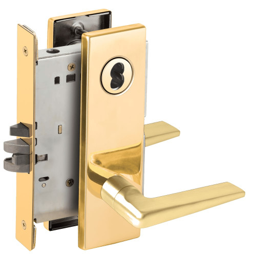 L9050B-05N-605-LX Schlage L Series Entrance Commercial - Latchbolt Monitor Mortise Lock with 05 Cast Lever Design Prepped for SFIC in Bright Brass