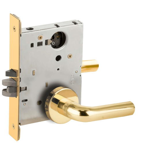 L9080L-02A-605-LX Schlage L Series Less Cylinder Storeroom Commercial - Latchbolt Monitor Mortise Lock with 02 Cast Lever Design in Bright Brass