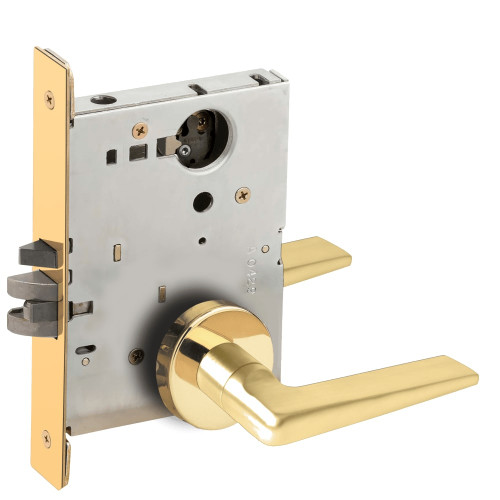 L9080L-05A-605-LX Schlage L Series Less Cylinder Storeroom Commercial - Latchbolt Monitor Mortise Lock with 05 Cast Lever Design in Bright Brass