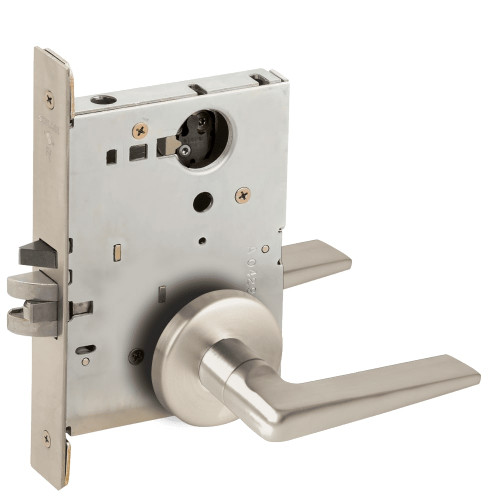L9080L-05B-619-LX Schlage L Series Less Cylinder Storeroom Commercial - Latchbolt Monitor Mortise Lock with 05 Cast Lever Design in Satin Nickel