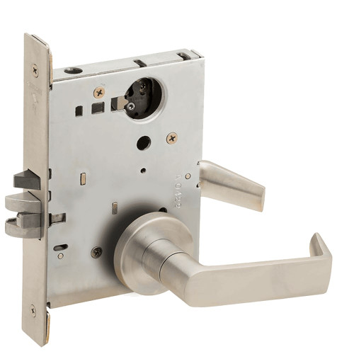 L9080L-06A-619-LX Schlage L Series Less Cylinder Storeroom Commercial - Latchbolt Monitor Mortise Lock with 06 Cast Lever Design in Satin Nickel